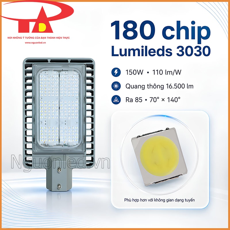 180 chip LED Lumileds 3030 của đèn đường 150W với hiệu suất 110 lm/W và quang thông 16.500 lm