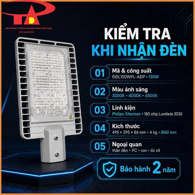 Checklist nhận đèn đường LED 150W gồm mã sản phẩm, màu sáng, linh kiện, kích thước, ngoại quan và bảo hành