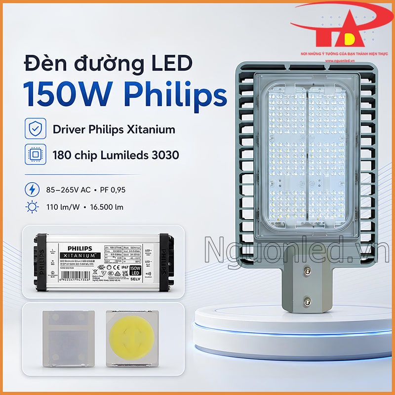 Cấu hình đèn đường 150W Philips với driver Xitanium, 180 chip Lumileds 3030, PF 0,95 và quang thông 16.500 lm