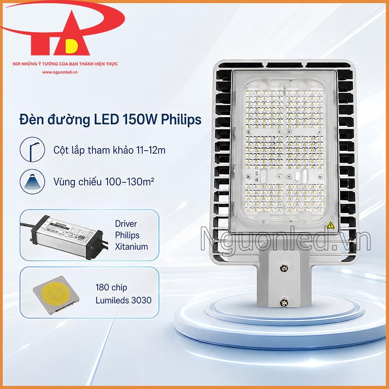 Đèn đường LED 150W Philips An Đức Phát kèm cột lắp 11–12m, vùng chiếu 100–130m² và linh kiện chính