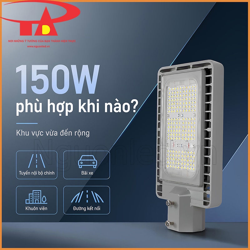 Đèn đường LED 150W minh họa tuyến nội bộ, bãi xe, khuôn viên và đường kết nối ngoài trời