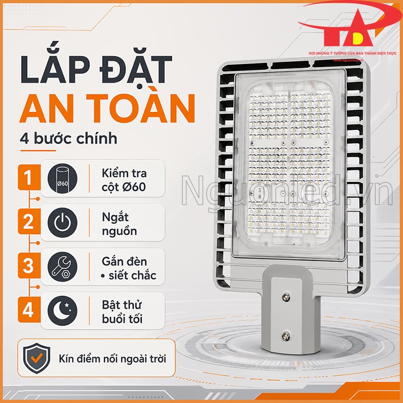Bốn bước lắp đặt đèn đường LED 150W gồm kiểm tra cột Ø60mm, ngắt nguồn, gắn đèn và bật thử buổi tối
