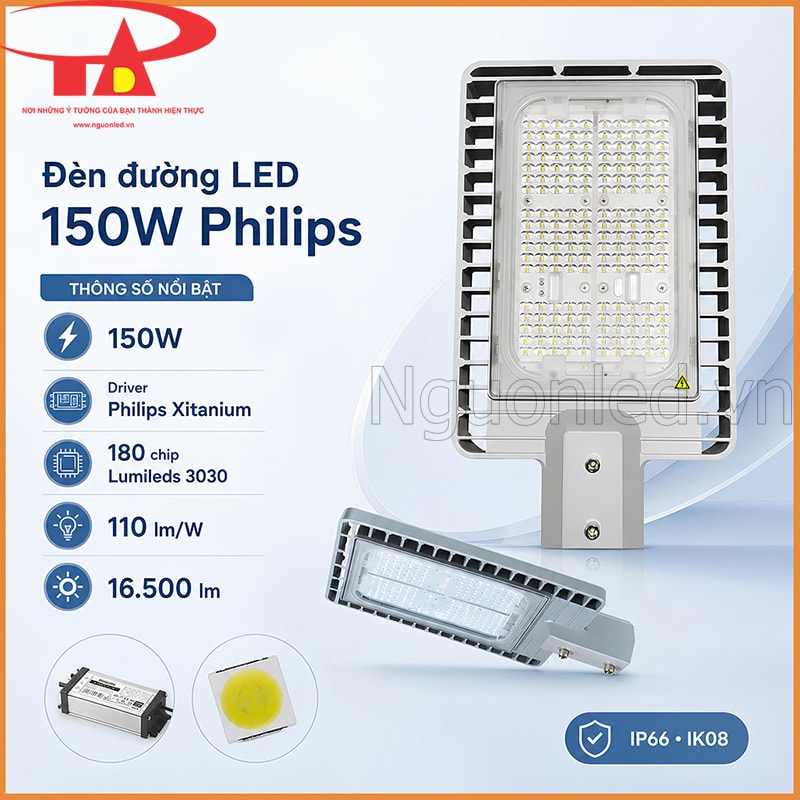 Thông số nổi bật đèn đường 150W gồm công suất, driver Xitanium, 180 chip Lumileds, quang thông, IP66 và IK08