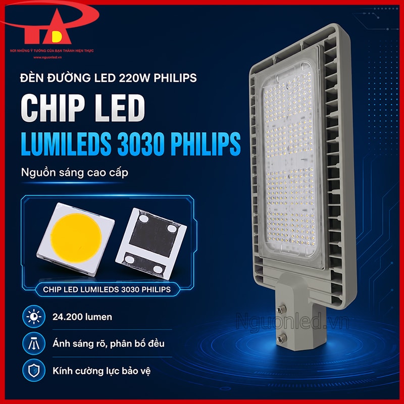 Đèn đường LED 220W Philips dùng chip LED Lumileds 3030 với quang thông 24.200 lumen