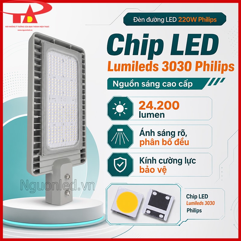 Đèn đường 220W Philips với chip Lumileds 3030, 24.200 lumen và lens bảo vệ