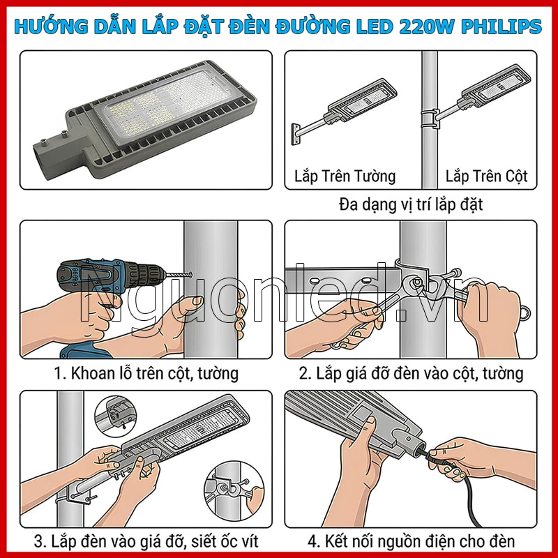 Hướng dẫn lắp đặt đèn đường LED Philips 220W đúng kỹ thuật trên cột đèn chiếu sáng đường phố