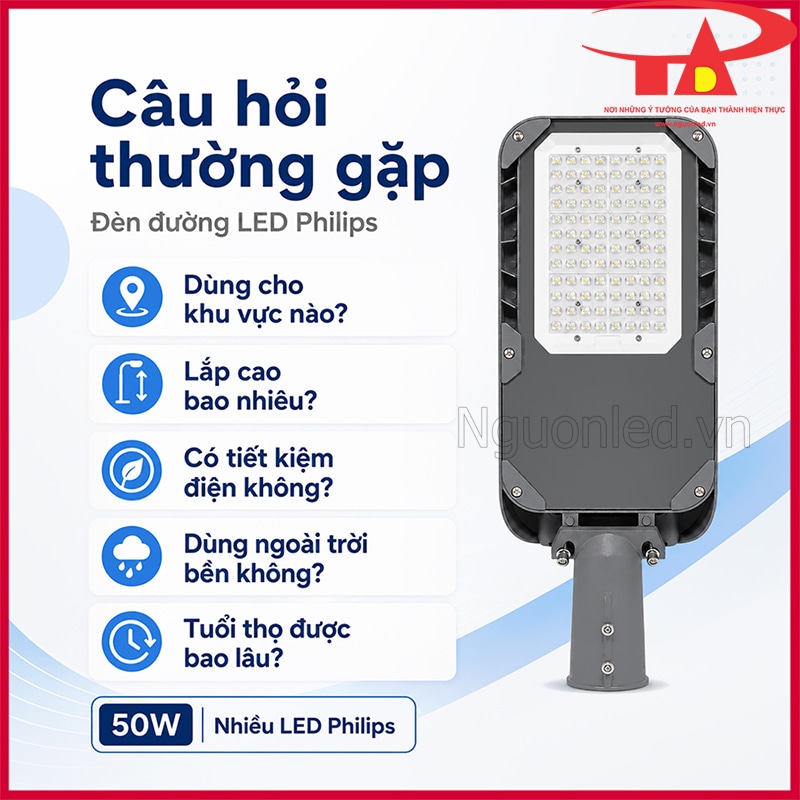 Câu hỏi thường gặp về đèn đường LED Philips 50W nhiều LED
