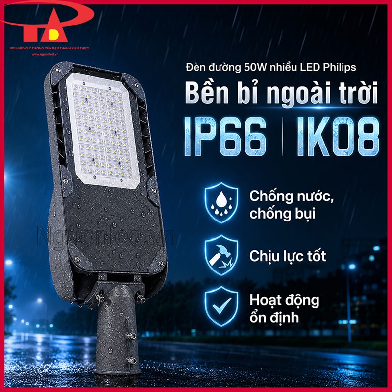 Đèn đường 50W nhiều LED Philips chống nước IP66 và chịu va đập IK08 ngoài trời