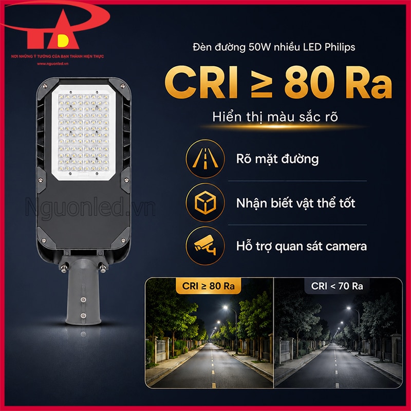 Đèn đường 50W nhiều LED Philips với chỉ số CRI ≥80Ra hiển thị màu sắc rõ
