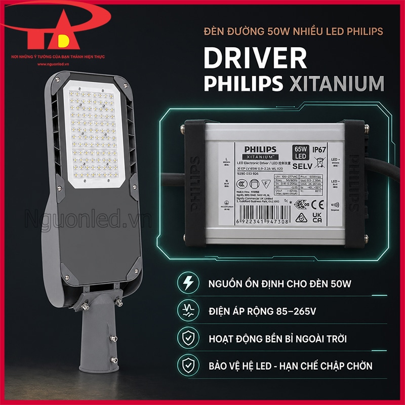 Đèn đường 50W nhiều LED Philips dùng driver Philips Xitanium 65W