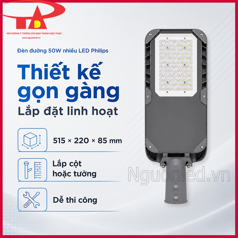 Đèn đường 50W nhiều LED Philips kích thước 515 x 220 x 85mm, lắp cột hoặc tường