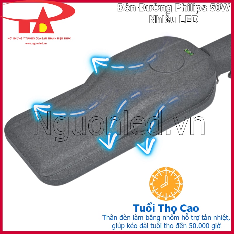 Đèn đường led 50w philips thân nhôm tản nhiệt sâu giúp tăng tuổi thọ sử dụng lâu dài