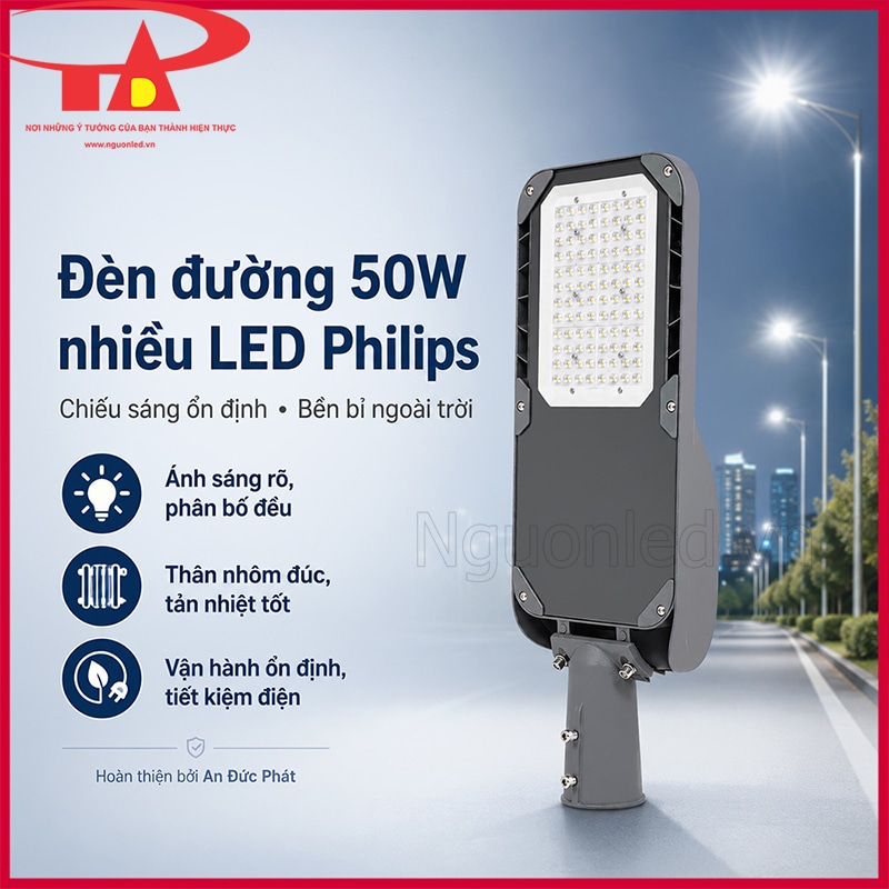 Đèn đường 50W nhiều LED Philips bền bỉ ngoài trời với thân nhôm và ánh sáng đều
