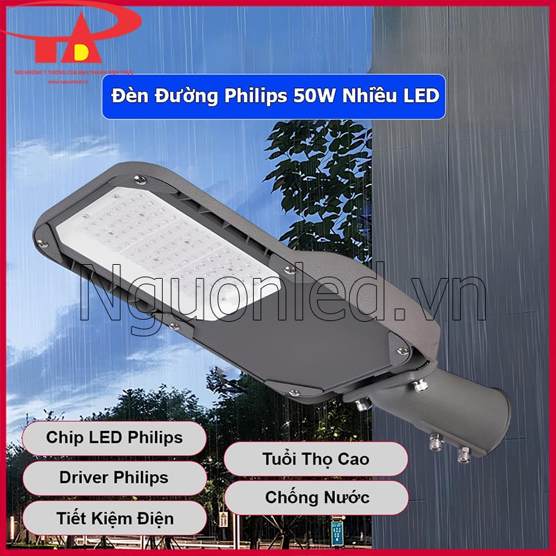 Đèn đường LED 50W Philips thiết kế nhôm cao cấp tản nhiệt tốt, ánh sáng ổn định ngoài trời