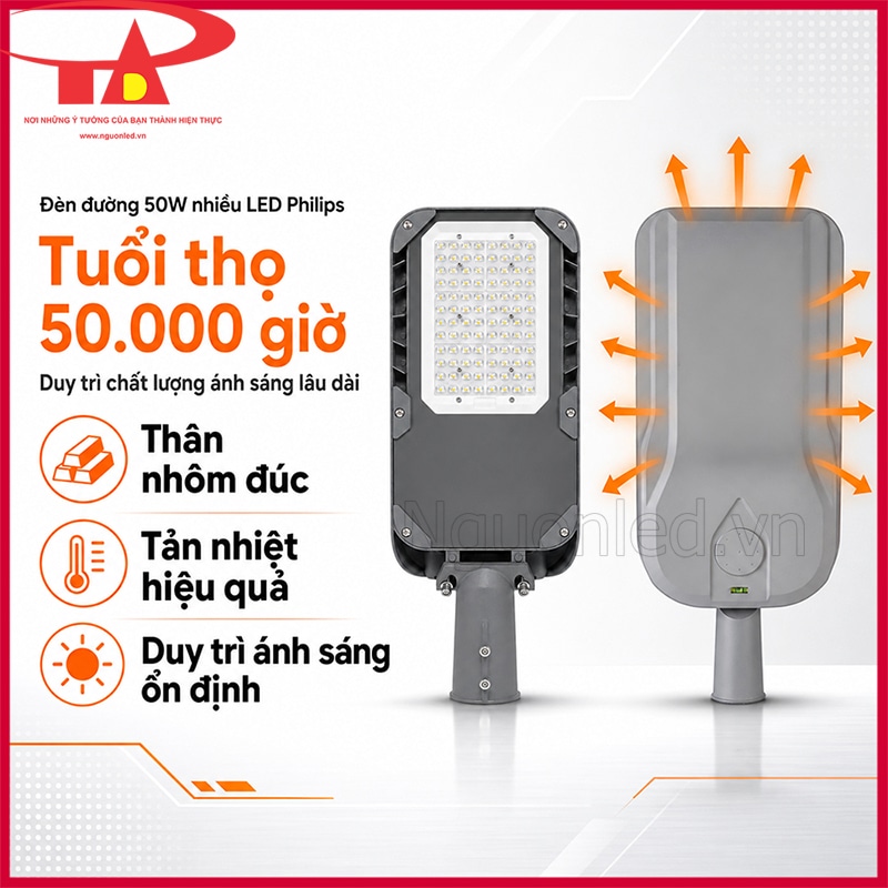 Đèn đường Philips 50W nhiều LED thân nhôm đúc tản nhiệt cho tuổi thọ 50.000 giờ 