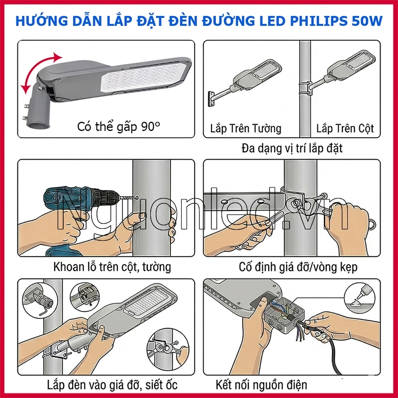 Hướng dẫn lắp đặt đèn đường led 50w philips đúng kỹ thuật an toàn ngoài trời