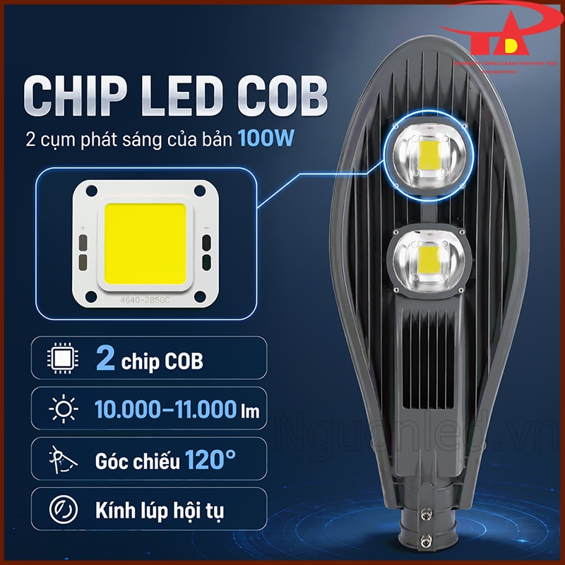 Cấu tạo hai chip COB, kính lúp hội tụ và góc chiếu 120 độ của đèn đường 100W