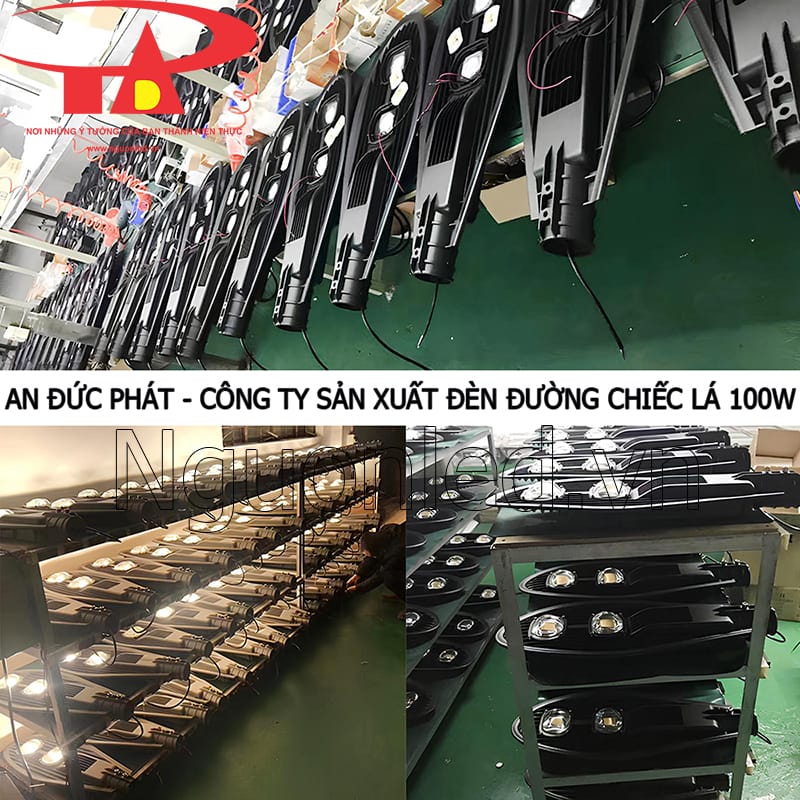 Nhiều đèn đường chiếc lá 100W xếp theo dãy trong khu vực sản xuất