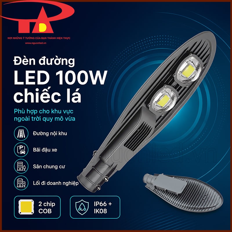 Đèn đường LED 100W chiếc lá với các ứng dụng đường nội khu, bãi xe, sân chung cư và lối đi