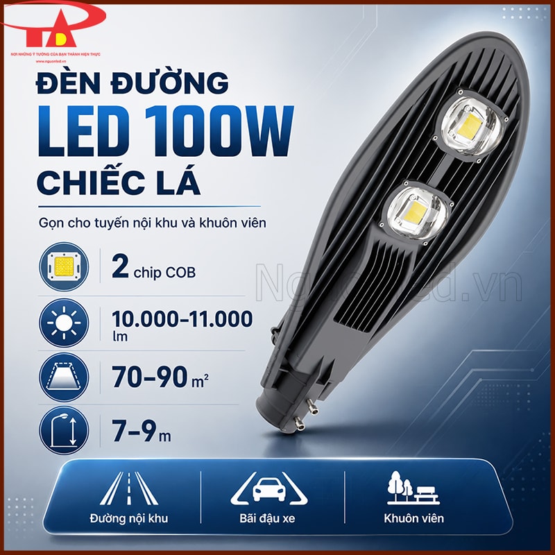 Tổng quan đèn đường LED 100W chiếc lá cho đường nội khu, bãi đậu xe và khuôn viên