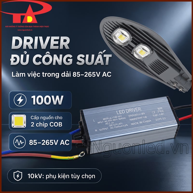 Driver đèn đường 100W hoạt động trong dải 85–265V AC và cấp nguồn cho hai chip COB