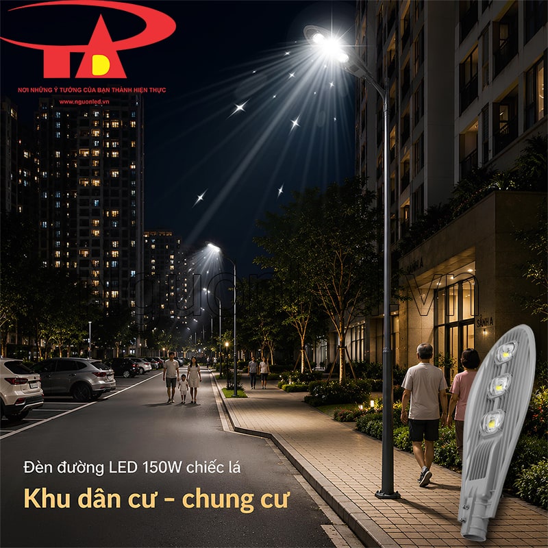 Phối cảnh đèn đường 150W chiếu lối đi khu dân cư và chung cư vào ban đêm