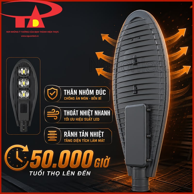 Mặt sau đèn đường chiếc lá 150W với thân nhôm đúc và các rãnh tản nhiệt chạy dọc