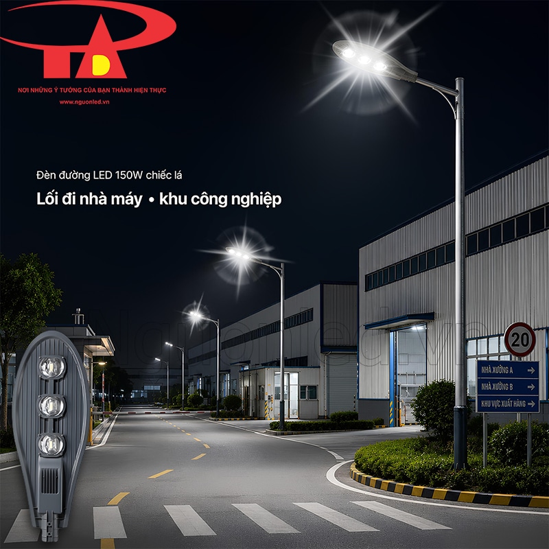 Đèn đường chiếc lá 150W chiếu sáng lối đi nội bộ nhà máy và khu công nghiệp vào ban đêm