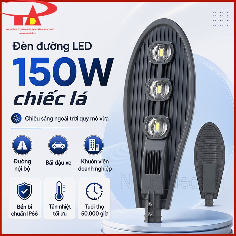 Đèn đường LED 150W chiếc lá An Đức Phát với mặt đèn 3 cụm COB, thân sau tản nhiệt và các ứng dụng ngoài trời