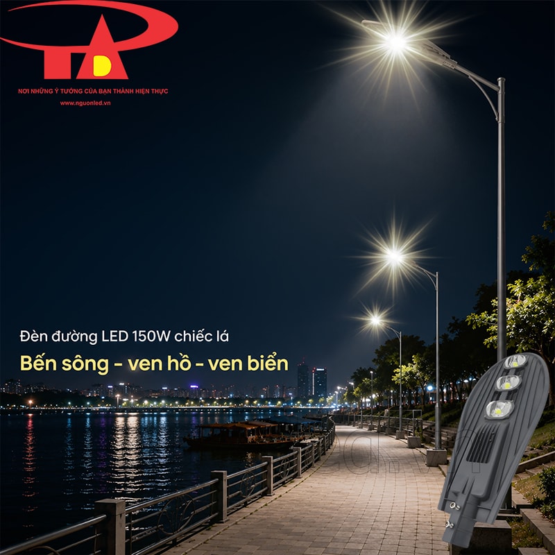 Phối cảnh đèn đường LED 150W chiếu lối đi ven sông, ven hồ và tuyến gần mặt nước vào ban đêm