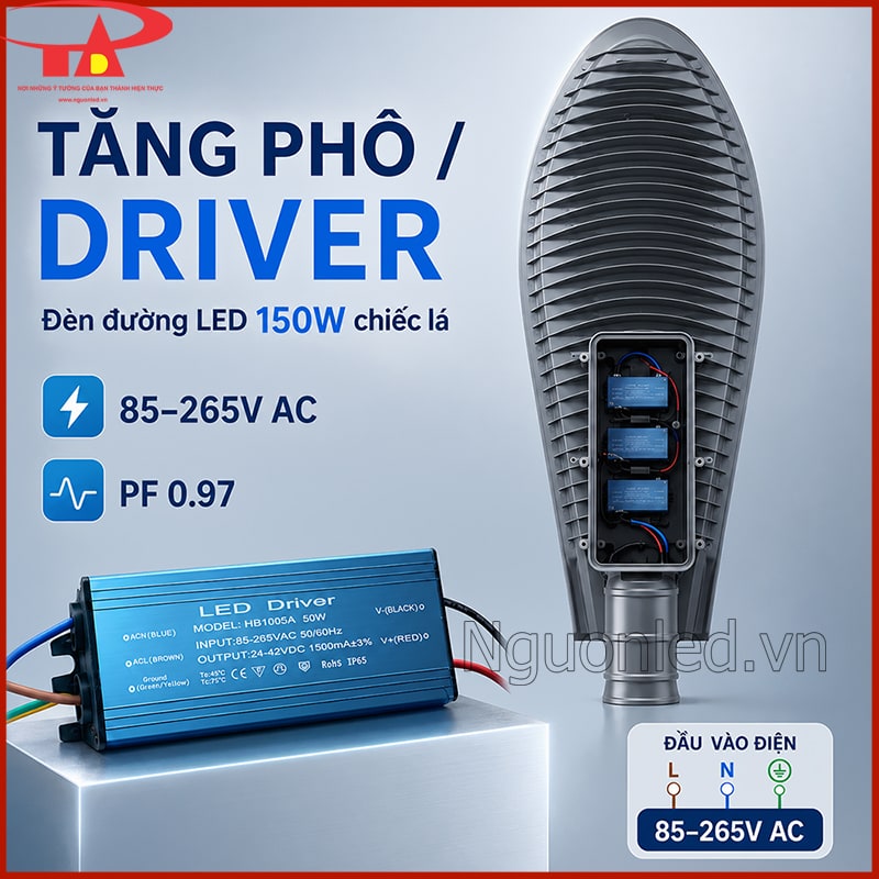 Minh họa driver đèn đường hình chiếc lá 150W với dải điện áp 85–265V AC và hệ số công suất PF 0,97