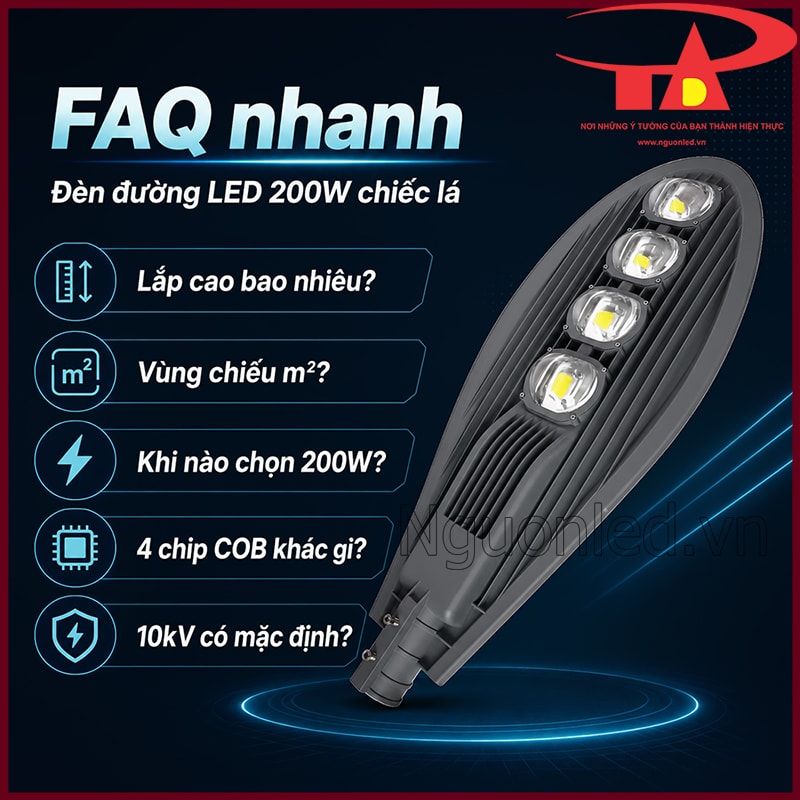 Bảng FAQ nhanh bên cạnh đèn dáng lá, liệt kê câu hỏi về độ cao lắp, vùng chiếu, chip COB và chống sét 10kV