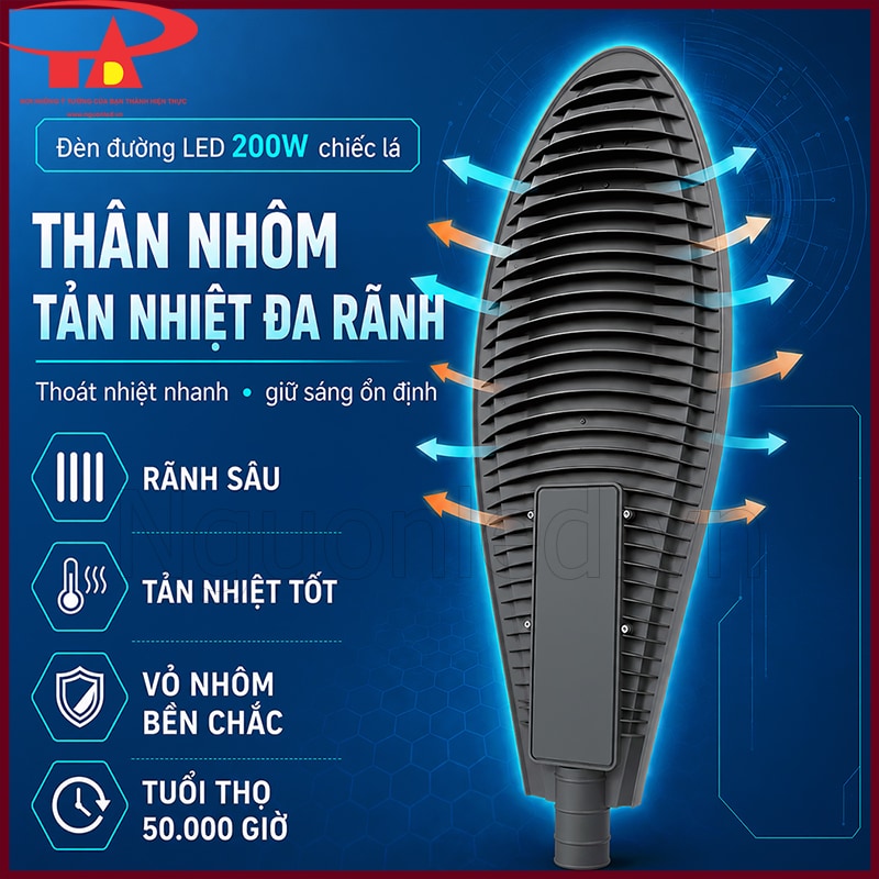 Mặt lưng thân nhôm tản nhiệt đa rãnh của đèn đường 200W, với luồng khí thoát nhiệt chạy dọc thân