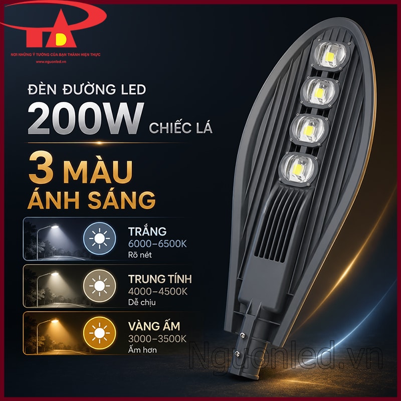 Đèn đường led 200w chiếc lá với 3 màu ánh sáng