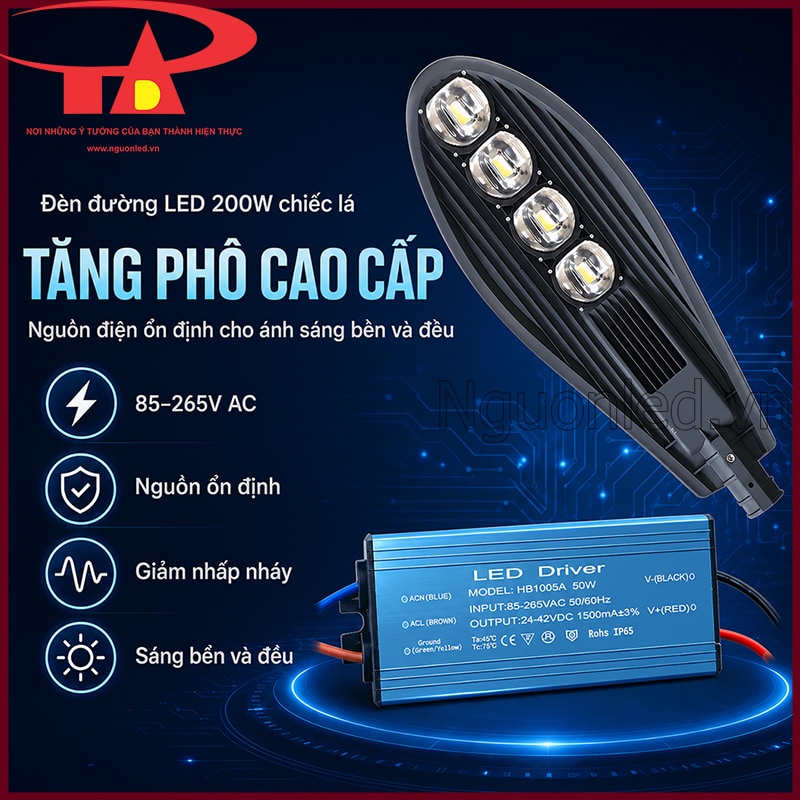Đèn đường LED 200W chiếc lá đi cùng driver dải điện áp 85–265V AC, hỗ trợ nguồn sáng ổn định và đều