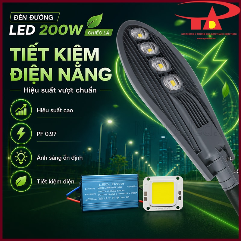 Bộ đèn đường 200W dáng lá minh họa khả năng tiết kiệm điện với hệ số công suất PF 0.97 và chip COB