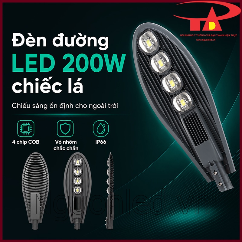 đèn đường LED công suất 200W kiểu chiếc lá với bốn chip COB, vỏ nhôm chắc chắn và chuẩn IP66