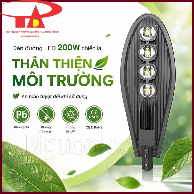Mẫu đèn đường 200W dạng lá đặt trong thiết kế xanh, nhấn mạnh tiêu chí không chì, không thủy ngân và không tia UV