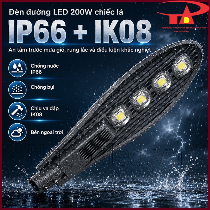 Mẫu đèn đường 200W dạng chiếc lá dưới mưa, minh họa khả năng chống nước IP66 và chịu va đập IK08
