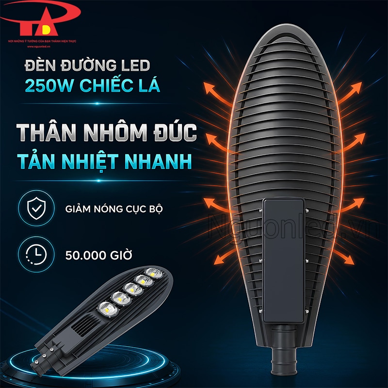 Mặt sau đèn đường 250W với các rãnh nhôm đúc tản nhiệt, hỗ trợ giảm nóng cục bộ khi vận hành