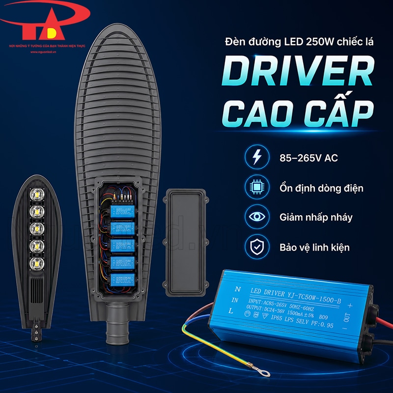 Cụm driver của đèn chiếc lá 250W với khoang linh kiện mở, hỗ trợ điện áp 85–265V AC ổn định