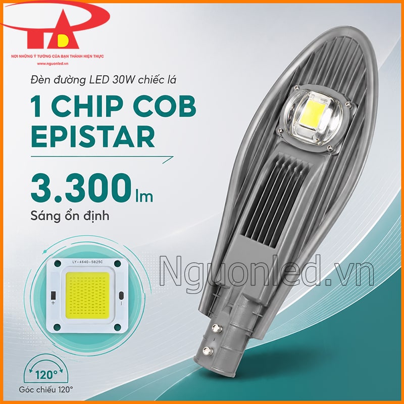 Một chip COB Epistar của đèn đường LED 30W cung cấp quang thông 3.300 lm và góc chiếu 120°