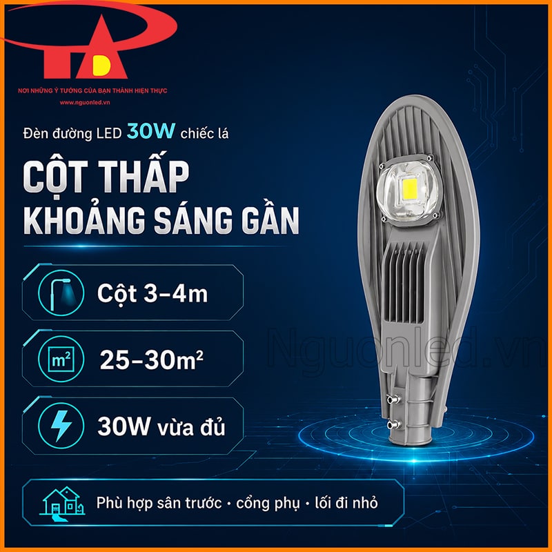 Đèn đường 30W chiếc lá cho cột thấp 3–4m và khoảng sáng tham khảo 25–30m²