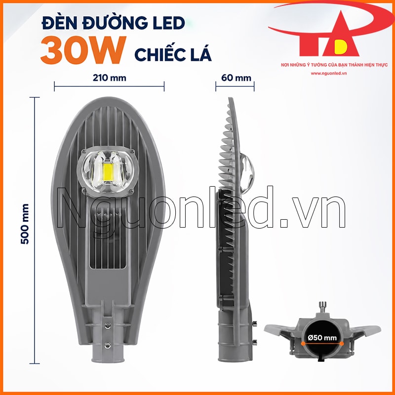 Kích thước đèn đường chiếc lá 30W dài 500 mm, rộng 210 mm, dày 60 mm và cổ Ø50 mm