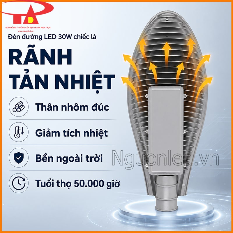 Rãnh tản nhiệt phía sau thân nhôm đúc của đèn đường chiếc lá 30W