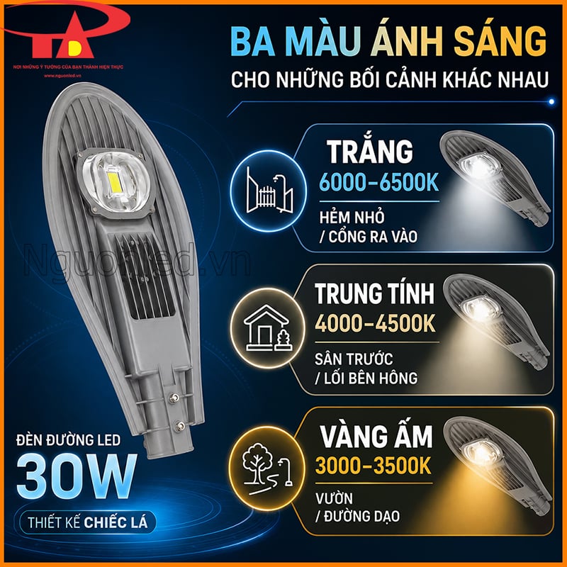 Ba màu sáng của đèn đường LED 30W gồm trắng, trung tính và vàng ấm