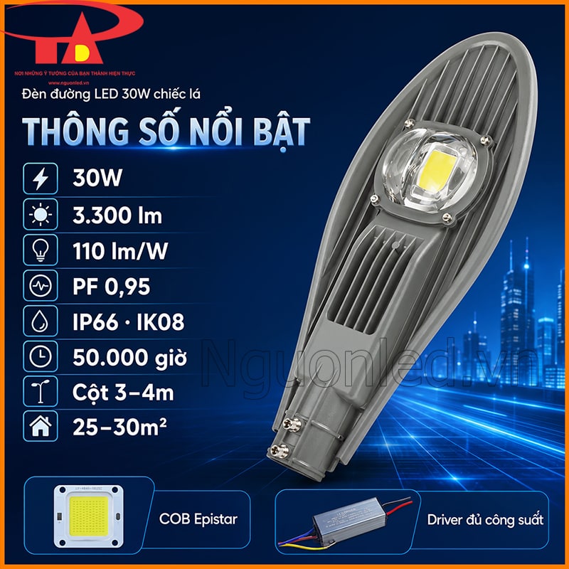Thông số nổi bật của đèn đường LED 30W chiếc lá gồm 3.300 lm, IP66 và cột 3–4m