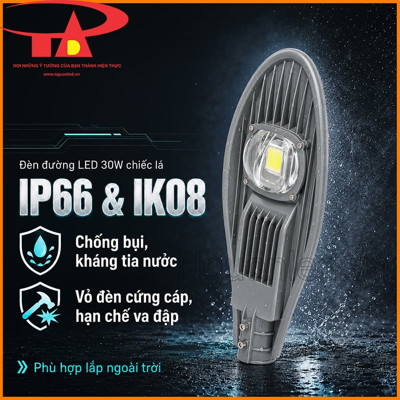 Đèn đường LED 30W chiếc lá minh họa cấp bảo vệ IP66 và IK08 ngoài trời