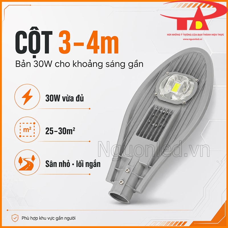 Đèn đường LED 30W lắp cột 3–4m cho sân nhỏ và lối đi ngắn
