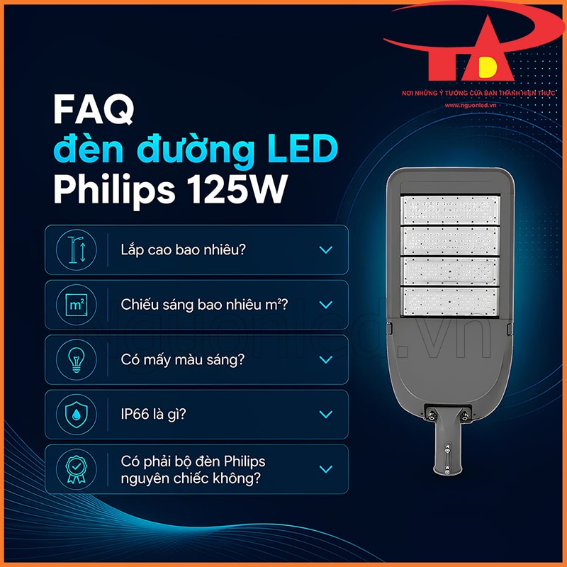 Câu hỏi thường gặp về đèn đường LED Philips 125W, chiều cao lắp, diện tích chiếu và IP66
